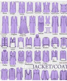 an image of different types of jackets and coats in purple colors on a white background