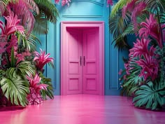 an open pink door surrounded by tropical plants