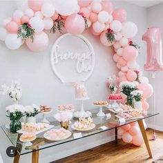 a table topped with pink and white balloons next to a wall filled with desserts