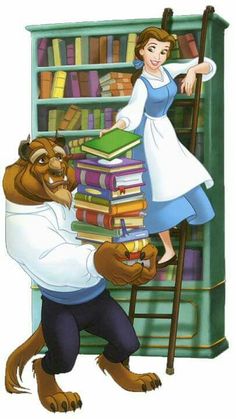 the beauty and the beast characters are in front of a book shelf with books on it