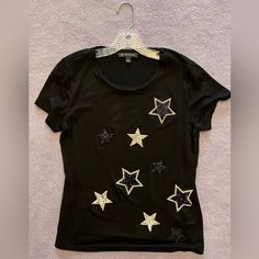 Inc Embellished Star Print T-Shirt In Black - New Without Tags - Classic Black T-Shirt With Scoop Neckline - Embellished With Stars In Black, White, And Silver Crystals - Cotton - Shortsleeved - True To Size Star Long Sleeve Shirt, Star Patch Shirt, Star Shirt Aesthetic, Bedazzled Shirt, Patches Shirt, Shirts Women Fashion, Shirts Women, Star Shirt, Star Girl