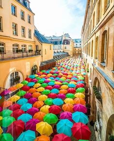 many colorful umbrellas are lined up on the street in front of some old buildings