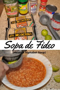 the ingredients for mexican alphabet soup are shown in this collage, including beans and limes