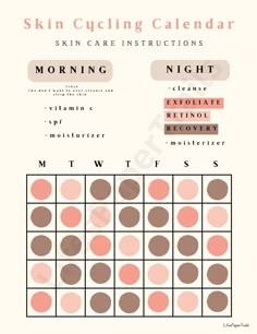 A skin cycling calendar to keep on track with your daily skin care and personal self care for overall skin health. Can be dowloaded and printed for paper use, or digital use through a desktop, Goodnotes, or Notability. Included in Order: Instant digital download of page Maximum Recommended Size for Use: 8.5 in x 11 in Skincare Calendar, Skin Cycle, Skin Cycling, Chemical Exfoliation, Skin Care Guide, Anti Aging Creme, Types Of Skin