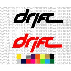 the logo for drift stickers is shown in red, white and black letters on a white background