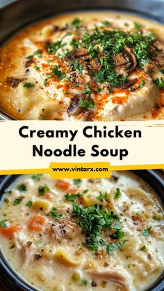 creamy chicken noodle soup in a bowl with parsley on top and the title overlay reads creamy chicken noodle soup