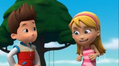 a cartoon boy and girl standing next to each other in front of a green tree