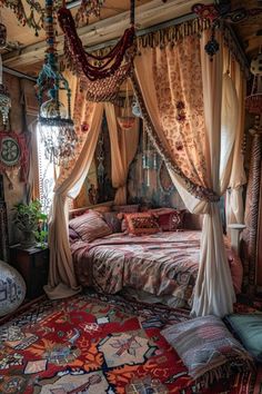 a bed with lots of curtains hanging from it's ceiling and pillows on the floor