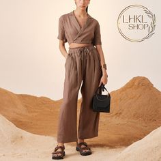 Linen Crop Top, Linen Wrap Top, Linen Shirt, Linen Blouse, Top And Pants Set, V Neck Top, Button Front Top, Short Sleeve Top, Linen Set Clothing, Matching Set Introducing our elegant two-piece ensemble featuring a short-sleeved vest and culottes pants. This stylish set is designed to bring a touch of sophistication to your wardrobe. My new set is the perfect blend of style and sophistication. This set includes a short sleeve vest and a pair of tailored trousers. The vest has a contemporary desig Womens Linen Pants, Palazzo Pants Summer, Brown Linen Pants, Linen Palazzo Pants, Linen Wrap Top, Crop Top And Pants Set, Crop Top Pants Set, Maxi Pants, Refined Fashion