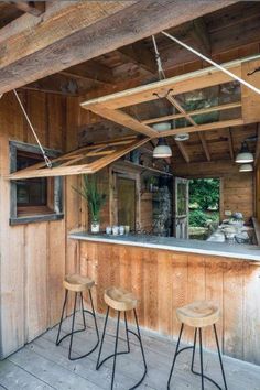 an outdoor bar with three stools under the roof and wood paneling on the walls