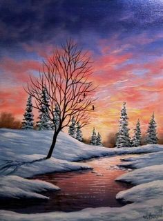 a painting of a snowy landscape with trees and birds in the sky at sunset or dawn