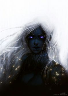 a woman with white hair and blue eyes is shown in this digital painting style photo