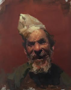 an oil painting of a man with a paper hat on top of his head and beard