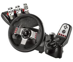 the steering wheel and pedals are shown in this advertisement for logitech, which is