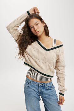 Varsity V-Neck Crop Cable SweaterCotton On Women - Varsity V-Neck Crop Cable Sweater - Stone Pine Green TippingCotton On | Women | Clothing | Sweaters & CardigansCotton On | Women | Clothing | Sweaters & CardigansCotton On | Women | Clothing | Sweaters & Cardigans Knit V Neck Sweater, Knit V Neck, Clothing Sweaters, Long Sleeve And Shorts, Blouse Jeans, Cable Sweater, Pine Green, Denim Coat Jacket, Women Hoodies Sweatshirts