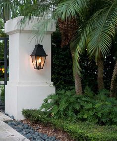 a light that is on the side of a building next to some plants and trees