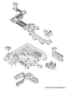 an architectural drawing of the interior and exterior of a building, with several different sections to each