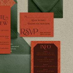 an orange and green wedding suite with matching envelopes