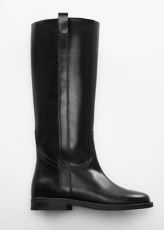 Leather high-leg boots - Women | Mango USA Knee-high Moto Boots For Workwear, Wide Calf Heeled Boots With Leather Sole For Work, Knee-high Moto Boots For Work, Leather Knee-high Boots With Reinforced Heel For Work, Wide Calf Calf Leather Platform Boots For Work, Classic Wide Calf Platform Boots For Workwear, Business Knee-high Calf Leather Boots, Sleek Knee-high Boots With Leather Sole, Calf Leather Knee-high Boots For Work, Medium Width