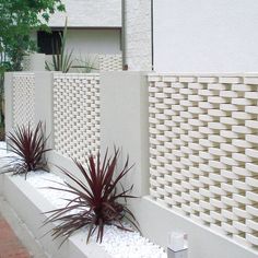 some plants are growing on the side of a wall next to a brick sidewalk and fence