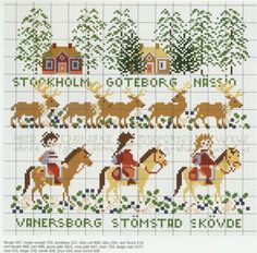 a cross stitch pattern with people riding horses