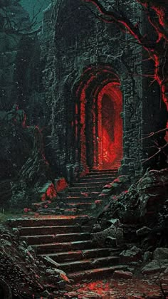 a painting of stairs leading up to a red door in a dark forest with trees and rocks