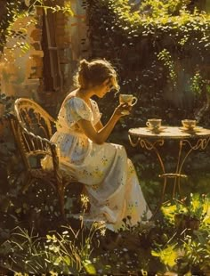 a painting of a woman sitting at a table in the garden drinking from a cup