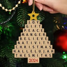 a person holding a christmas ornament in front of a christmas tree with words on it