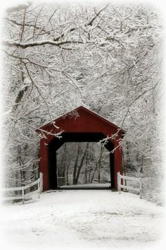 a red covered bridge surrounded by trees and snow