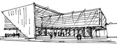 an architectural drawing of a building with people walking around the outside and on the inside