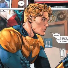 an image of a comic character talking to another person in the background with his hand on his hip