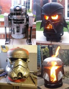 star wars themed items are on display in this collage, including a stove and helmet