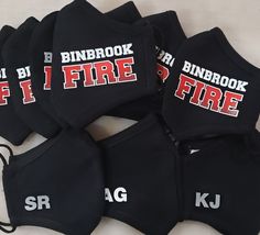 Binbrook Masks, customized with crew initials. Our 2 ply adjustable masks can be customized, email us your requests #canadianfire #torontofire #fireclothing #firefighter #fireground #fireapparel #firefighters #fireclothing Fire Clothes, Varsity Jacket, Initials, Clothes