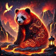 a panda bear sitting on top of a rock next to a lantern and a bird