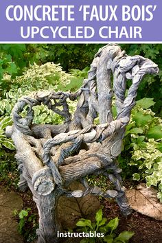 a wooden chair made out of branches in the garden with text overlay that reads concrete faux bos'upcycled chair