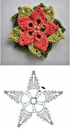 crocheted flowers are shown in three different colors and sizes, one is red, the other is green