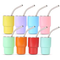 six different colored tumblers with straws in them