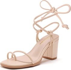 TINSTREE Women's Strappy Block Heels Square Toe Lace Up Chunky Heel Sandals Dressy Shoes Chunky Heel Sandals, Shoes Beige, Strappy Block Heels, Dressy Shoes, Chunky Heels Sandals, Nude Heels, Chunky Heel