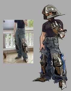 an image of a person wearing some kind of helmet and pants with metal parts on them