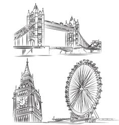 the london skyline is shown in black and white, with an outline drawing of the tower bridge