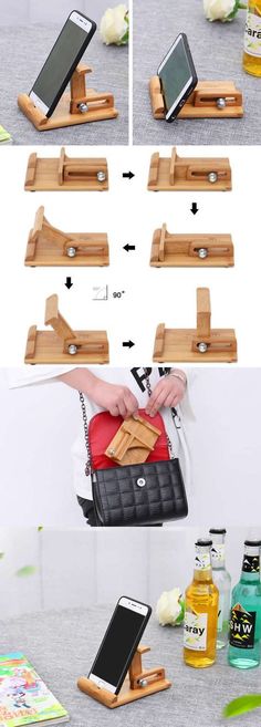 the instructions to make a wooden purse holder for cell phones and laptops are shown