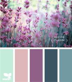 the color palette is purple and green with pink flowers in each pantone, along with blue