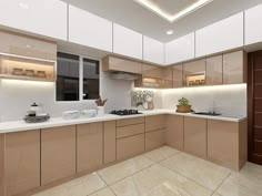 a large kitchen with beige cabinets and white counter tops, along with an oven on the wall