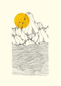 a drawing of an iceberg with the sun setting over it's top and mountains in the background