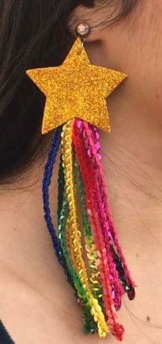 a close up of a person wearing colorful earrings