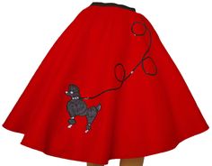 a woman in a red skirt with a poodle on it