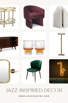 various furniture and accessories are arranged in a collage with the words jazz inspired decor