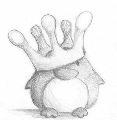 a pencil drawing of a ball with two legs and one foot sticking out from it