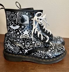 Dr. Martens hand painted with space doodles. One of a kind Drawing On Doc Martens, Painted Doc Martens, Doc Boots, Denim Cuff Bracelet, Doc Martens Shoes, Space Doodles, Panel Jacket, Outer Space Theme, Upcycled Dress