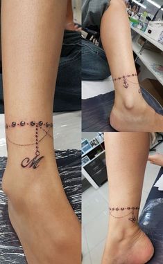 two pictures of the same person's foot with tattoos on them and one has a cross